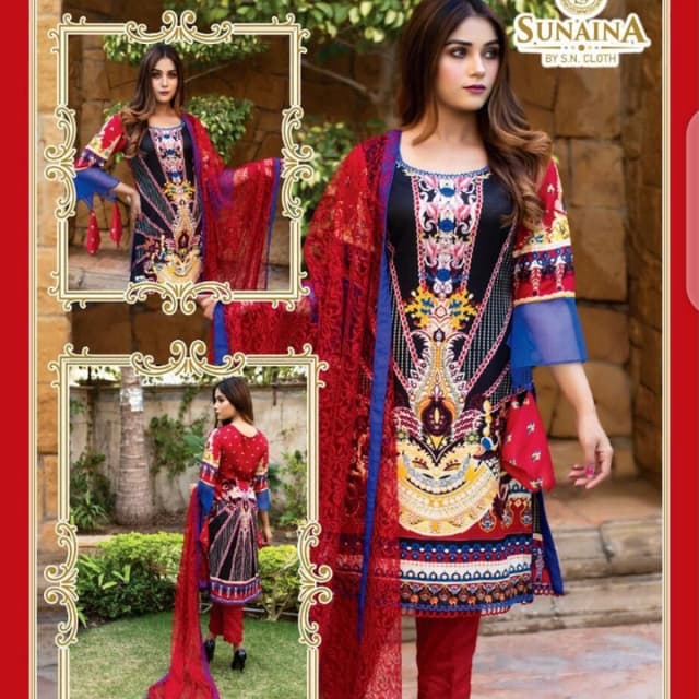 Malai linen 3 Piece Printed Shirt Printed Sleeves Net dupatta Plain trouser