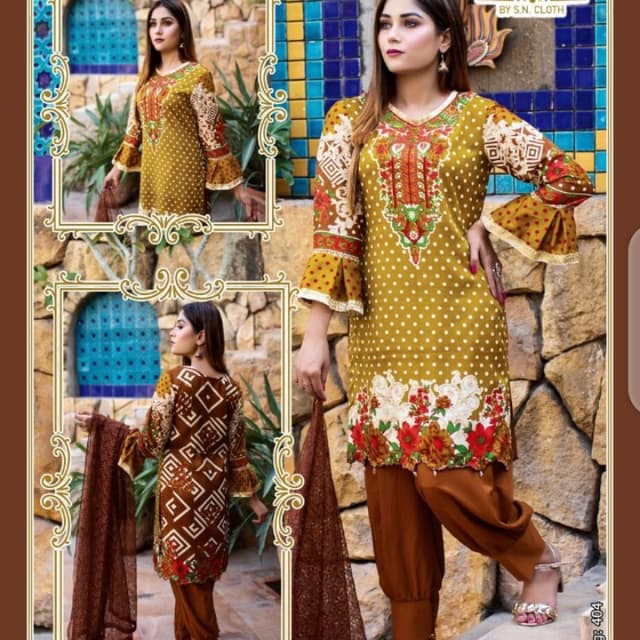 Malai linen 3 Piece Printed Shirt Printed Sleeves Net dupatta Plain trouser