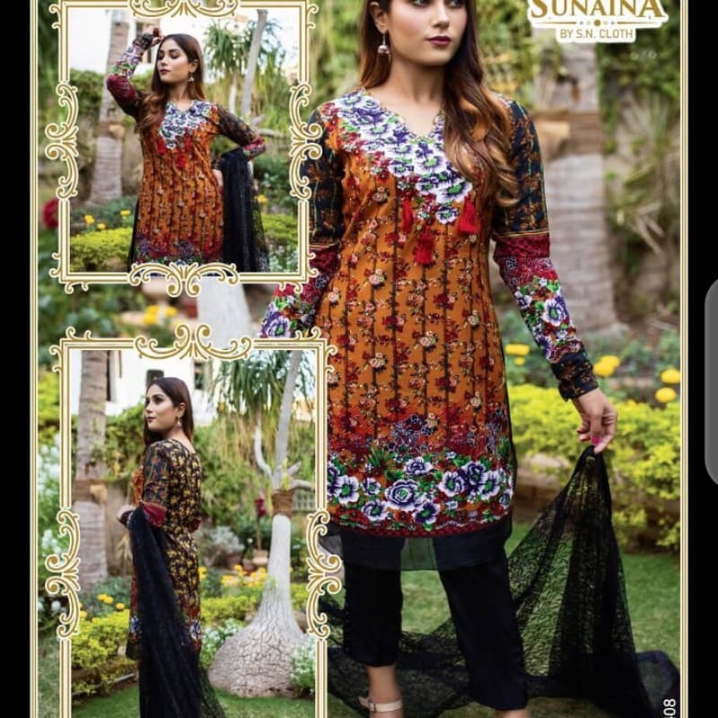 Malai linen 3 Piece Printed Shirt Printed Sleeves Net dupatta Plain trouser