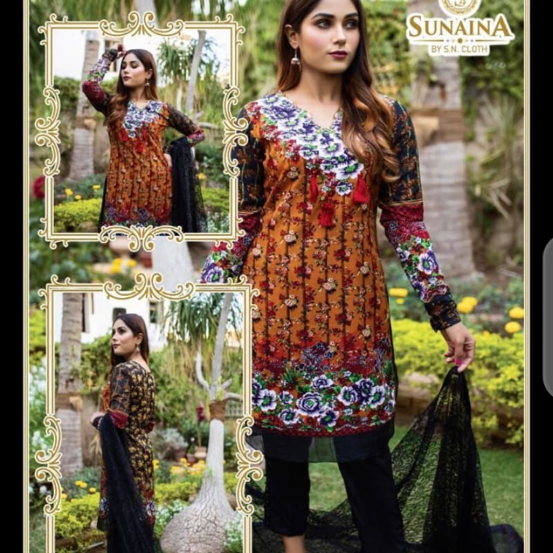 Malai linen 3 Piece Printed Shirt Printed Sleeves Net dupatta Plain trouser