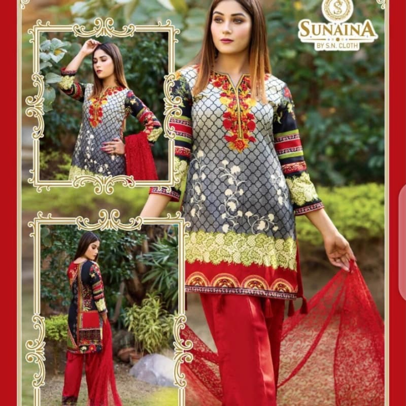 Malai linen 3 Piece Printed Shirt Printed Sleeves Net dupatta Plain trouser