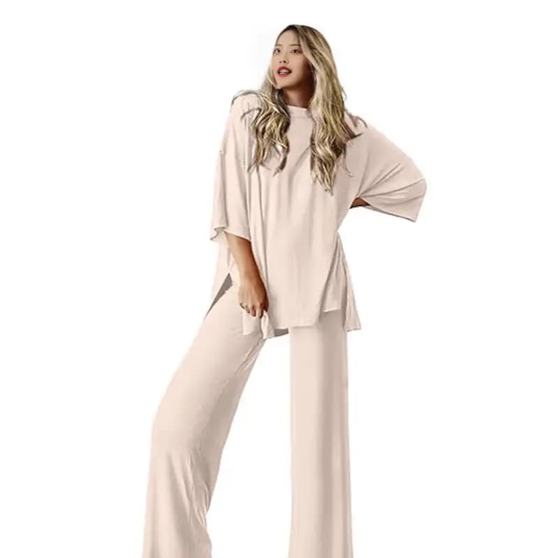 Women's Simple Round Neck Five Short Sleeve Comfortable Top Loose Home Pants suit
