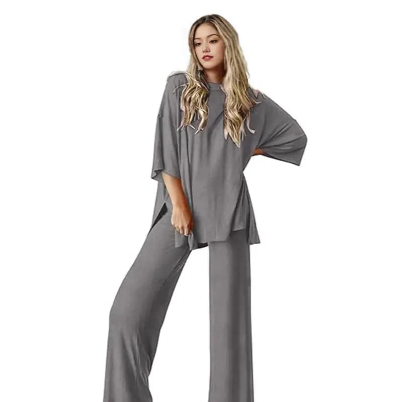 Women's Simple Round Neck Five Short Sleeve Comfortable Top Loose Home Pants suit