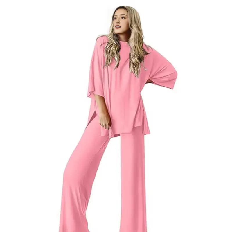 Women's Simple Round Neck Five Short Sleeve Comfortable Top Loose Home Pants suit