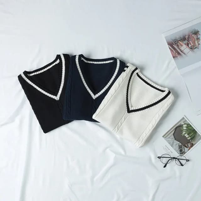 Spot College British Style JK Uniform V-Neck Men's and Women's Twist Inter-Color Vest School Uniform Sweater Vest Knitted Sweater
