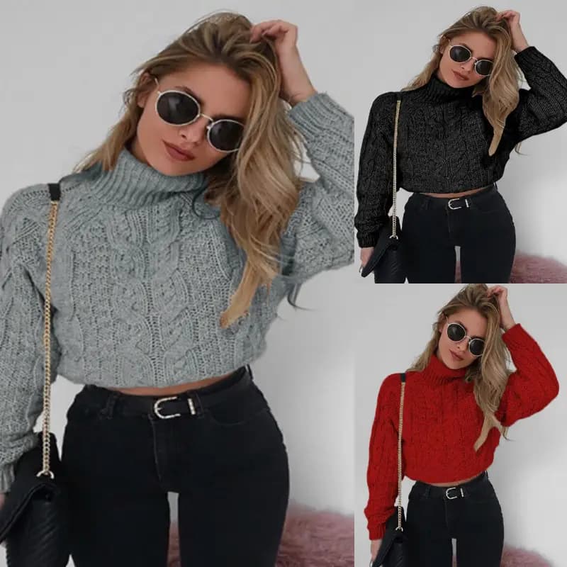 European and American short long sleeve turtleneck sexy navel twist sweater cross-border women's clothing