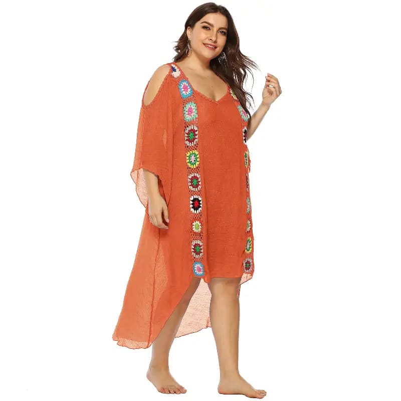 Cross-border large size women's hand hook stitching irregular off-shoulder beach skirt bikini blouse