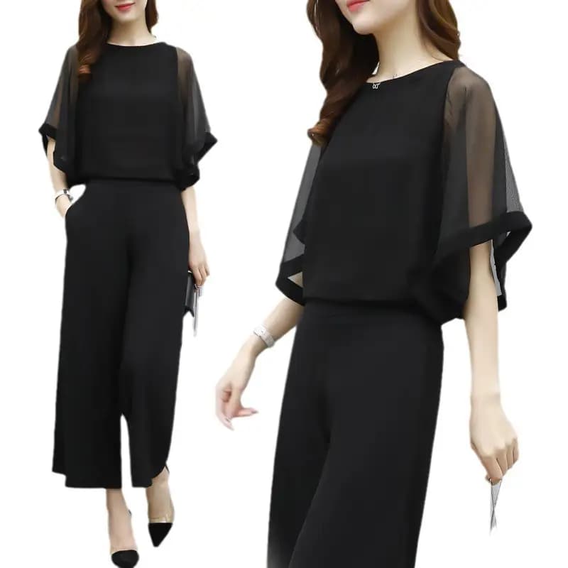 Korean Style Women's Summer Fashion Temperament Socialite Two-Piece Top High-Waisted Wide-Leg Pants Suit for Women Versatile