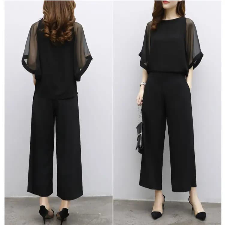 Korean Style Women's Summer Fashion Temperament Socialite Two-Piece Top High-Waisted Wide-Leg Pants Suit for Women Versatile