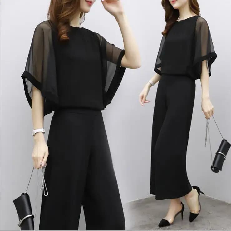 Korean Style Women's Summer Fashion Temperament Socialite Two-Piece Top High-Waisted Wide-Leg Pants Suit for Women Versatile